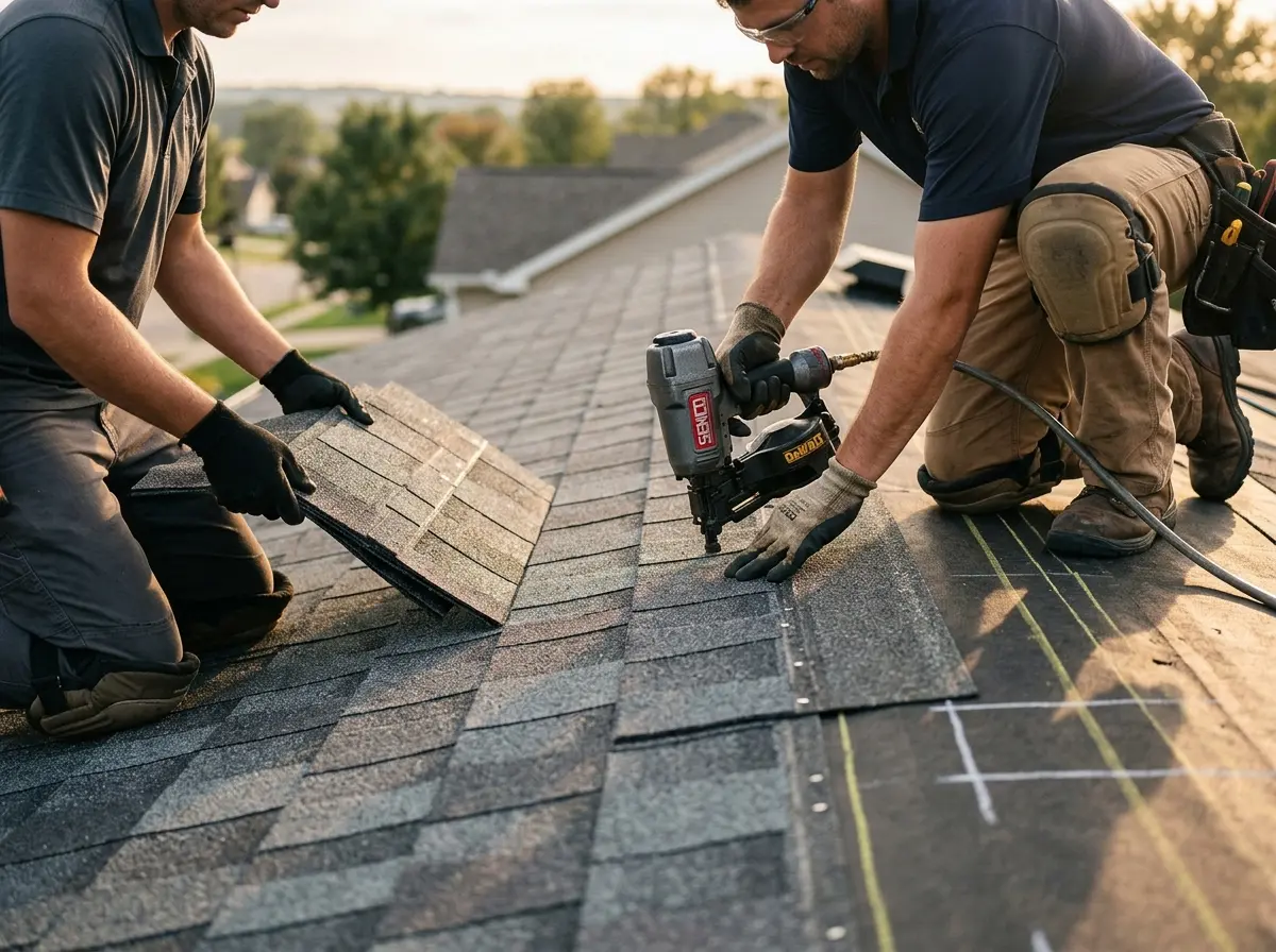 Professional roofer working on a residential roof in Santaquin